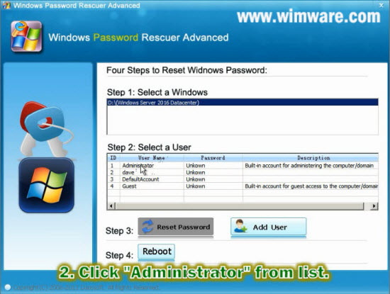 Select administrator of Windows server 2016